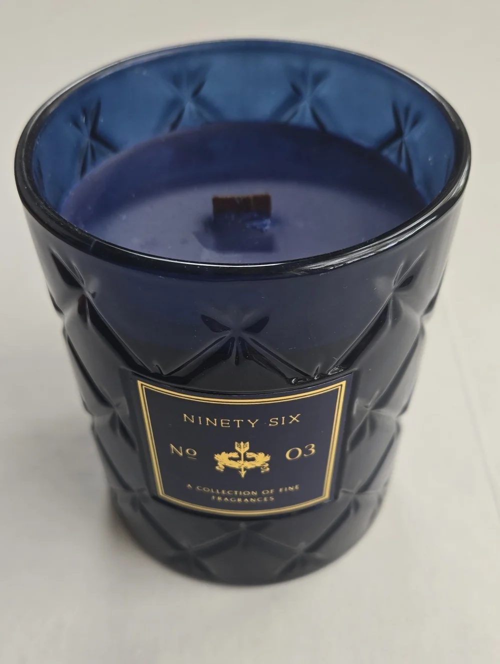 Ninety Six No. 03 Deep Blue Glass Scented Candle Wooden Wick 16.6 oz NWOT